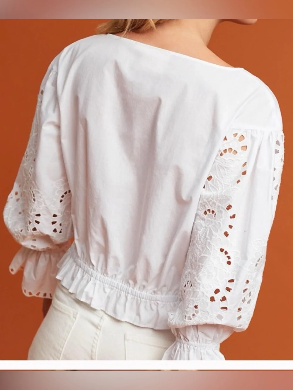 Maeve Anthropologie White Eyelet Cropped Peplum Bell Sleeve Boho Top Sz S